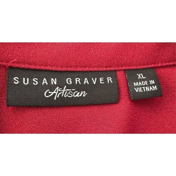 Susan Graver Artisan Women's Red Beaded Collar Button Long Sleeve Blouse Size XL - Picture 7 of 8